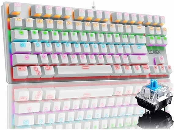 coverzone Leaven K550 Kablolu Türkçe Klavye Led RGB 87 Tuşlu Switch Renk Seçeneği Gökkuşağı Renler Mekanik Oyuncu Işıklı Klavye Ergonomik Tasarım Rahat 150cm Kablo Uzunluğu Bilgisayar PC için (Mavi Switch)