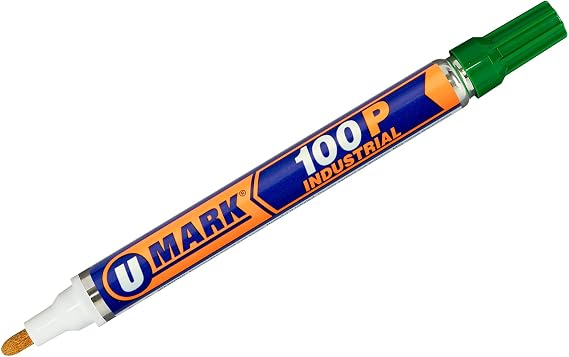 U-Mark 100P Industrial Paint Marker 2mm Bullet Tip, Marks On Rusty Oily Metal Wood Glass Plastic Rubber Concrete, 12 Pack, Green