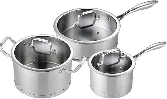 3 Cookware 6 Pieces Stainless Steel Cookware Cooking Casserole Set Cooking Pot Set Milk Pan Wok Home Kitchen(E)