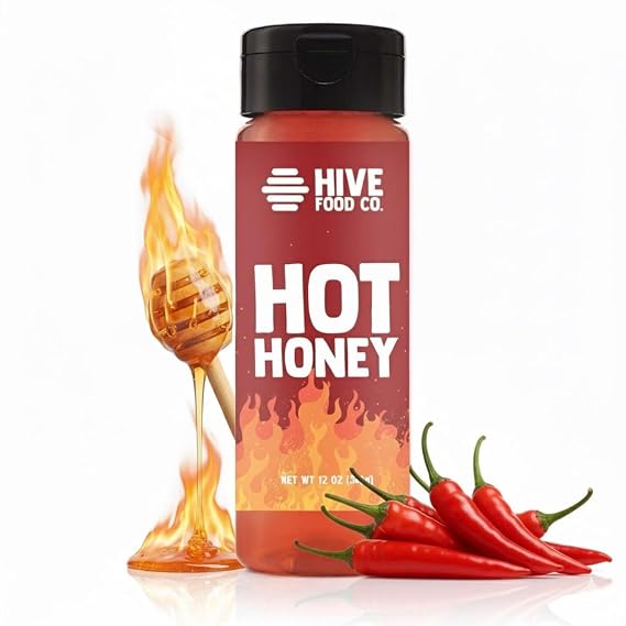 HIVE Food Co. Hot Honey 100% Pure American, Unfiltered Honey with Cayenne Pepper & Aged Balsamic Small Batch Sweet & Spicy Drizzle for Pizza, Chicken, Cocktails & Cheese 12oz Squeeze Bottle