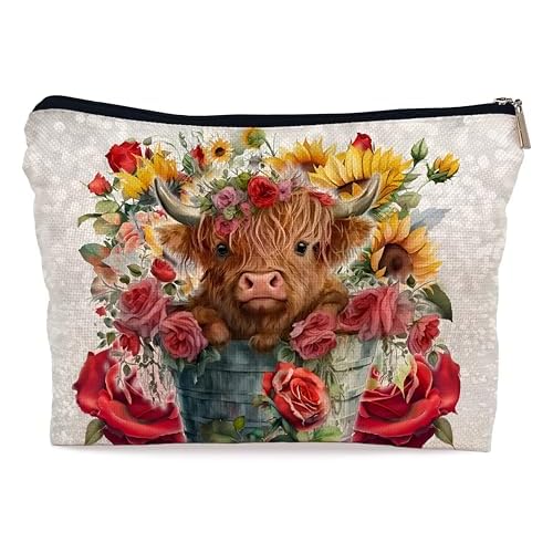 Ayxvt Highland Cow Makeup Bag - Valentines Day Rose Spring Cosmetic Bag for Women, Floral Cow Gifts for Lovers