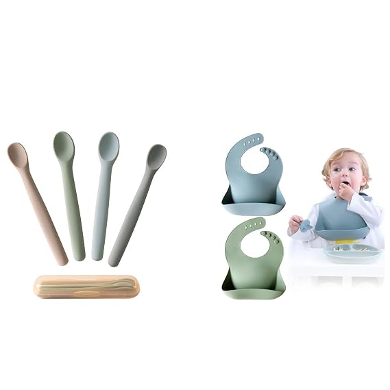 Moonkie Silicone Baby Spoons & Bibs Set | 4 Feeding Spoons for First Stage 4+ Months, Chewproof & Bendable with Case + 2 Adjustable Waterproof Silicone Bibs for Babies & Toddlers | BPA Free, Soft (Eth