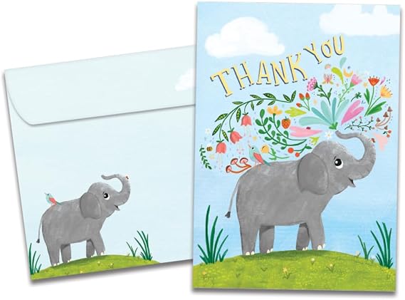 Tree-Free Greetings - Thank You Greeting Card - Artful Designs - 1 Card + Matching Envelope - Made in USA - 100% Recycled Paper - 5"x7" - Elephant Flowers (GO69836)