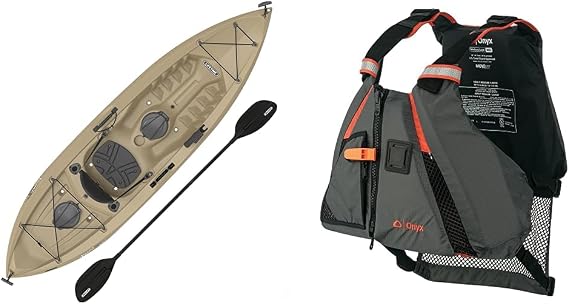 Lifetime Muskie Angler Sit-On-Top Kayak with Paddle, Tan, 120""" (90508) & Onyx Movevent Dynamic Vest-Orange-M/L (122200-200-040-14)