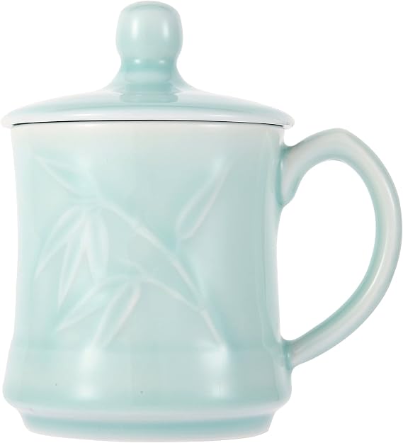 GREEN VALLEY Celadon Teacup, Coffee Mug, Milk Cup, Luxury Bamboo Leaf Pattern Celadon Cup with Lid, Longquan Celadon, World Intangible Cultural Heritage, 13oz, Light Greenish Blue