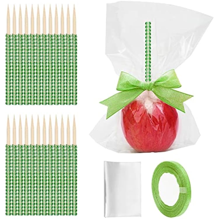 24Pcs Candy Apple Stick Kit, 24P Bling Stick for Apple Rhinestone Wooden Skewers with 24P Bags 25 Yard Glitter Ribbon, Bling Skewers for Caramel Lollipop Crispy Treat