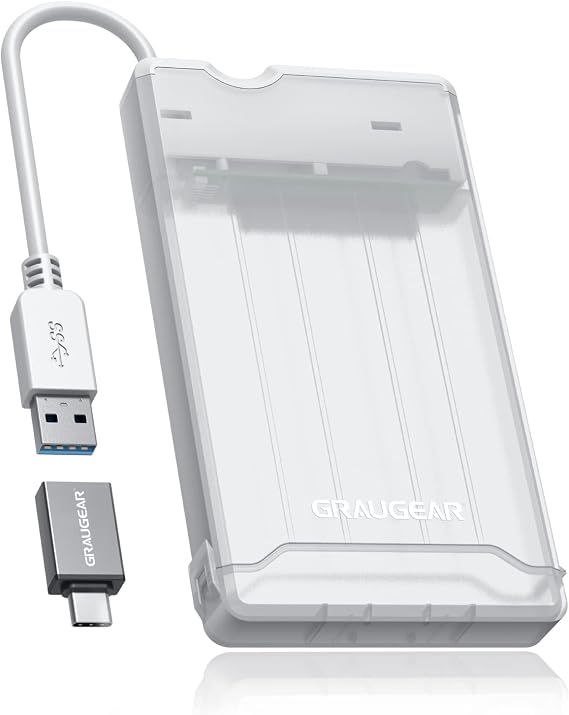 GRAUGEAR | External Enclosure for 2.5" SATA SSD/HDD | USB-C Adapter | USB 3.0 UASP | Tool-Free Installation | Integrated Cable | G-2503-AC