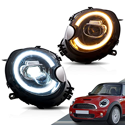 VLAND Led Headlights Compatible with BMW Mini Cooper 2007-2013 R55 R56 R57 R58 R59 wDynamic Animation wAmber Sequential Turn Signal Indicator LeftRight Sides