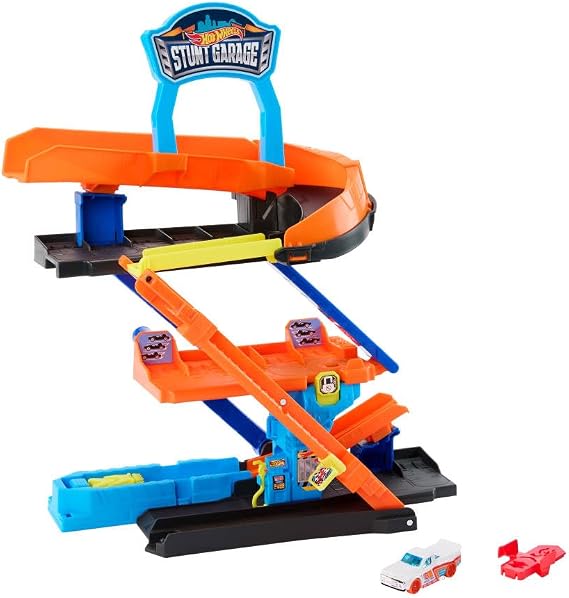 Hot Wheels City oyuncak araba ve pist seti, Dönüştürülebilir Maceraya Başlangıç Garajı oyun seti, 1:64 ölçekli metal araç, 10'dan fazla araç için saklama alanı, akrobasi yolu, JHL94