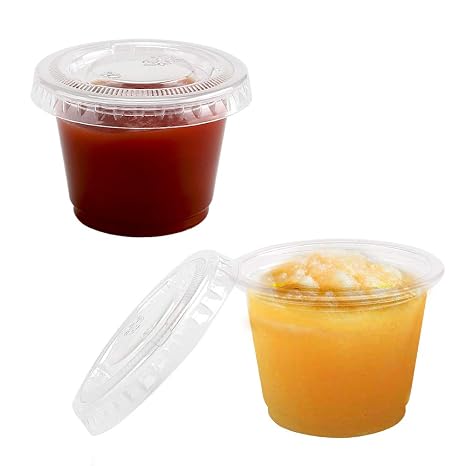TashiBox 1oz-100 Sets Plastic Disposable Jello Shot Cups with Lids/Souffle Portion/Sauce Salad Dressing/Condiment Cups, 100 pack Clear Plastic Disposable Food Containers with Lids (1 Ounce)...