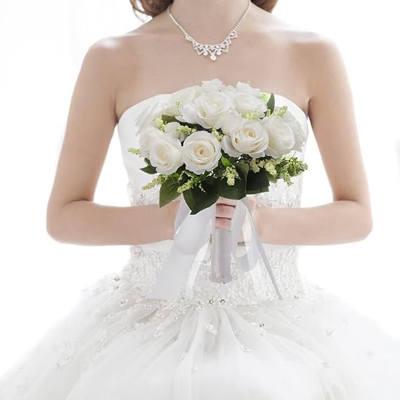 Wedding Bouquets for Bride 9.8 Inch Artificial Silk Rose Bridal Bouquet for Bride & Bridesmaids (Milk White)
