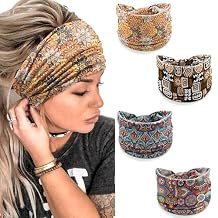 winthrop Boho Headbands for Women 4 Pack Wide Stretchy Turban Head Wraps, Floral Tribal Print Hair Bands for Yoga, Workout, Travel, Festival Accessories