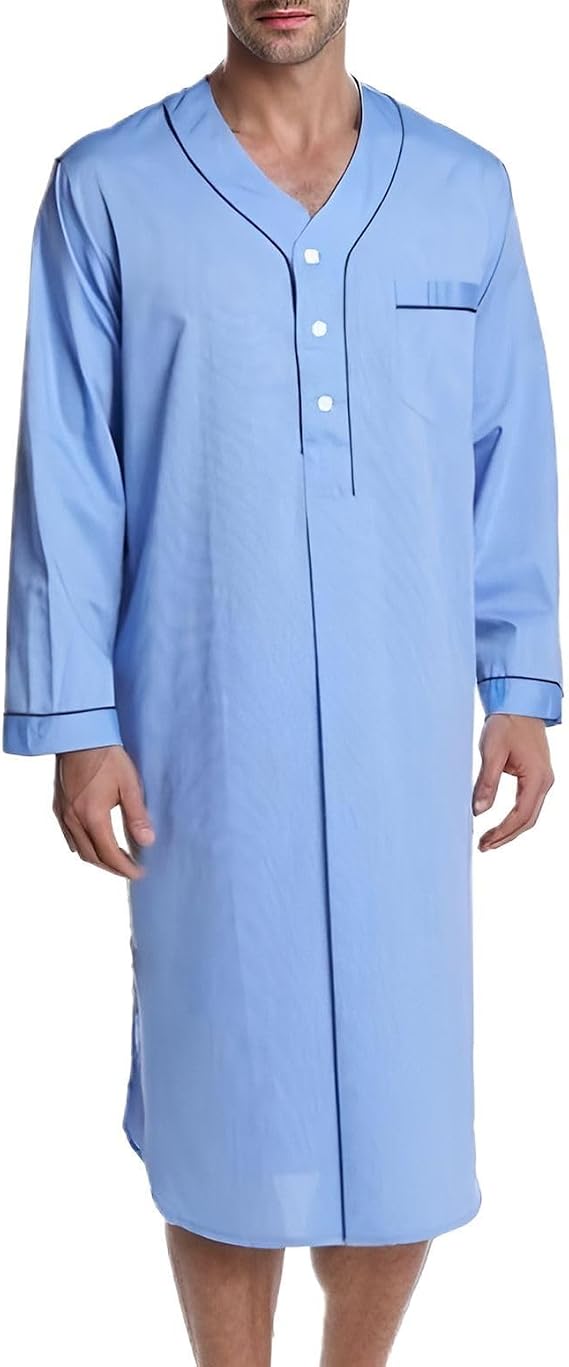 Men's Nightshirt Cotton Night Shirt Thin Long Sleeve Henley Neck Button Spring Fall Sleepwear Soft Nightgown for Sleeping Knee Length Pajama Dress Loose Sleep Shirt Light Blue -Small