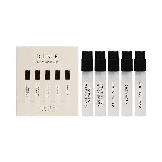 DIME Beauty Perfume Sampler Kit, Set of 5 Travel Size, 2 ml Each | Clean fragrance discovery set. 5 travel perfumes, Eau de Parfum, organic sugar cane alcohol, Vegan. Gift-ready sampler.