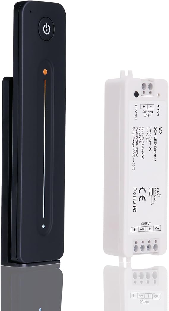 JOYLIT RF CCT LED Strip Controller with Remote 2CH 12-24V 5A/CH | Pair-able Multiple Controllers, Flicker-Free, Fade IN/OUT, Memory, Magnetic Wall Mount, Sensitive Touch Slide, PWM Dimmer