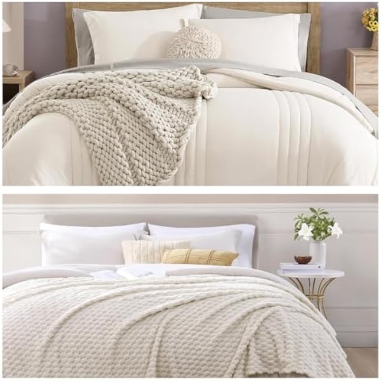 Monbix 7 Piece Solid Comforter Sets and Fleece Throw Blanket Bundle