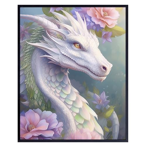 Sci Fi Video game Room Decor - Fantasy Dragon Decorations Wall Art - Gaming Accessories, Science Fiction Gamer Room Decor Poster - White Pink Girls Picture, Girls Bedroom Artwork - Gamer Gifts