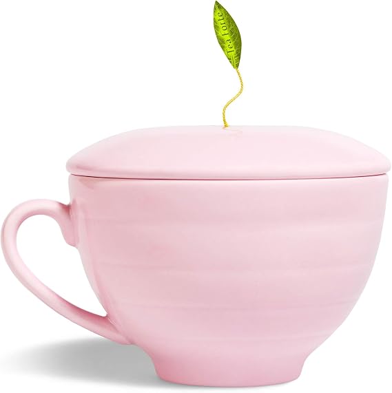 Tea Forte Cafe Cup with Lid, Rose Pink, 8 oz | Porcelain Cup & Matching Lid - Custom Steeping Cover - Microwave & Dishwasher Safe - Elegant Tea Mug
