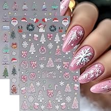 Christmas Nail Art Stickers 5D Embossed Pink Christmas Tree Self-Adhesive Nail Decals Snowflake Santa Claus Elk Bow-Tie Nail Design Supplies Xmas Holiday Cute Stickers for Women Girl Manicure DIY 3PCS