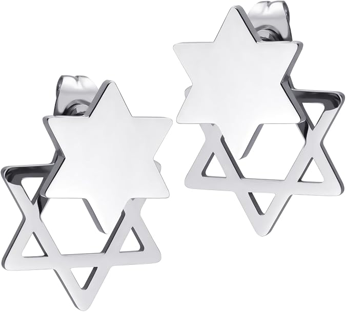 555Jewelry Hypoallergenic Double Parts Stainless Steel Star of David Stud Earrings for Women