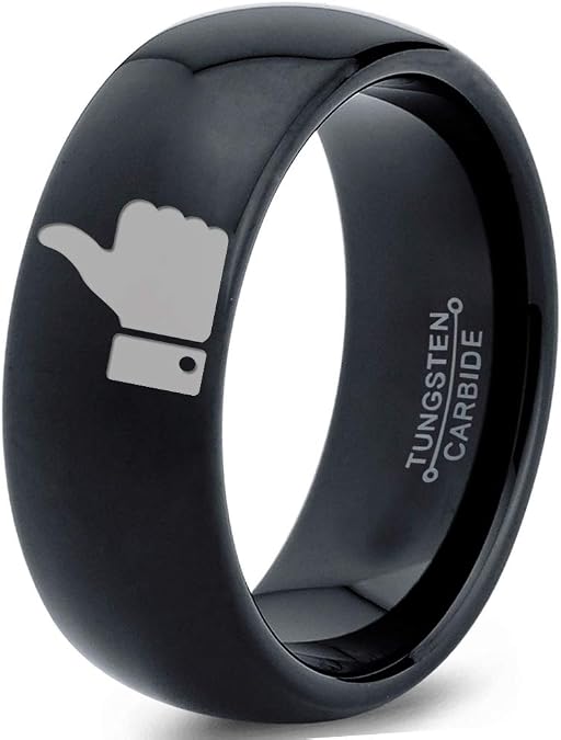 Thumbs Up Emoji Ring - Tungsten Band 8mm - Men - Women - 18k Rose Gold Step Bevel Edge - Yellow - Grey - Blue - Black - Brushed - Polished - Wedding - Gift Dome Flat