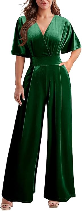 DAAWENXI Women's Dressy Velvet V Neck Jumpsuits Romper With Pocket