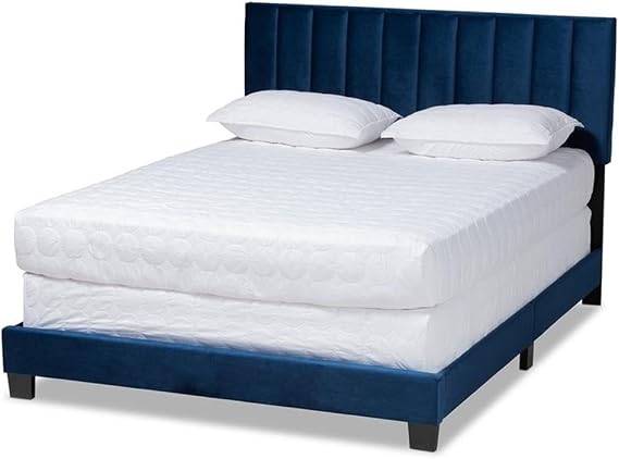 Baxton Studio Clare King Size Navy Blue Velvet Panel Bed with Tufted Headboard
