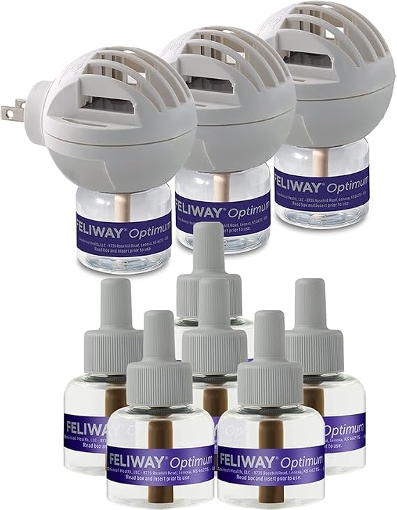 FELIWAY Optimum Cat Calming 3 Diffuser Kit & 6 Pack Refill Advanced Support to Help Reduce Urine Spraying, Scratching, Fighting and Hiding Due to Stress All in One Cat Pheromone Plug in Diffuser
