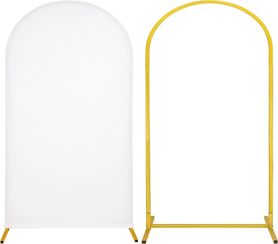 Metal Arch Stand and Cover Set,1 White Spandex Fitted Backdrop with 1 Gold Wedding Arched Stand Frame for Parties Birthday Baby Shower Bridal Banquet Decoration (7.2FT)