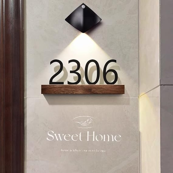 Personalized House Address Plaques with Motion Sensor Light, Custom Acrylic Wood House Number Sign Door Room Self Adhesive Wall Mounted for Home Office Hotel Apartment Yard Or Mailbox (Walnut Wood)