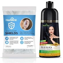 Herbishh Blue Black 3 in 1 Hair Dye Shampoo 16.9 Fl Oz and Hair Dye Stain Protection for Ears 100 pcs Combo, Champu Para Canas Mujer - Color Shampoo for Gray Hair & Waterproof Plastic Ear Shower Caps