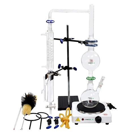 New Lab Essential Oil Extraction Distillation Apparatus Water Distiller Purifier Glassware Kits Hydrosol, Moonshine, Alcohol Distiller with Hot Stove Graham Condenser S35 and 24/40 Joint 500ml