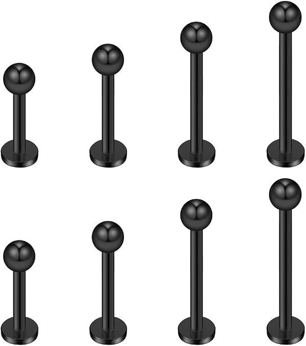 Ruifan 4prs(8pcs) 16G 316L Stainless Steel 3mm Ball Labret Monroe Lip Tragus Helix Earring Stud Barbell Ring Body Piercing Jewelry Kit Bar Length 6mm/8mm/10mm/12mm