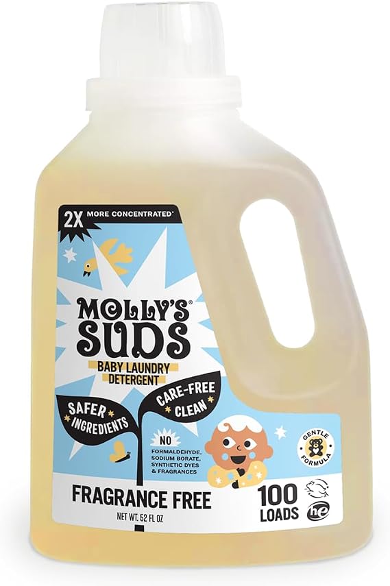 Molly's Suds Baby Liquid Laundry Detergent | Removes Formula, Poop & Spit-Up Stains | Extra Gentle for Infants, Babies, Toddlers (Fragrance Free, 100 Loads)