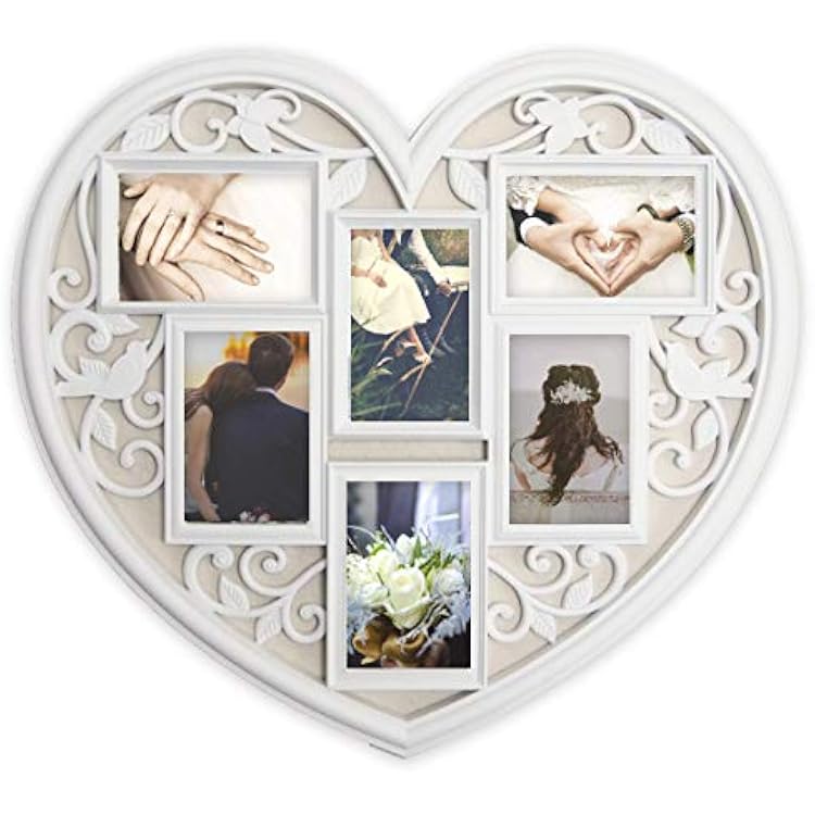 White Wall Large Hanging Heart Shape Collage Picture Frame 6 Opening 4 x 6
