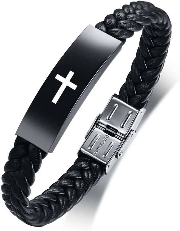 Braided Leather Bracelet for Men - Chunky Black Leather Wristband,Trendy Hypoallergenic Stainless Steel ID Religious Cross Bracelets,Cool Braided Chain Engraved Symbol Jewelry,Christmas Gift for Him