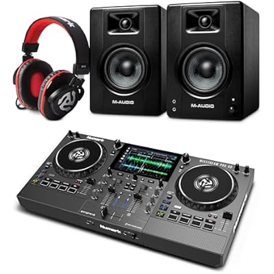 Numark Mixstream Pro Go DJ Controller and M-AUDIO BX4 Pair Studio Monitors with Headphones for Studio Recording, Music Production, Podcasting, Streaming