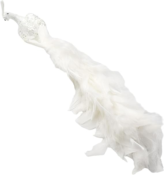 Artificial White Peacock Ornament with Natural Feathers and Glitter Accents for Christmas Tree Wedding Home Decor Party Supplies Seasonal Display