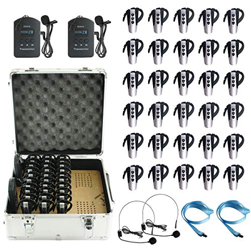 EXMAX EXD-6824 2.4G Hands-free Audio Tour Guide System with 9999 Channel ID for Interpreter to Simultaneous Interpretation,for Tour Guide to travel 2 Transmitters 30 Receivers & 32-slot Charge Case