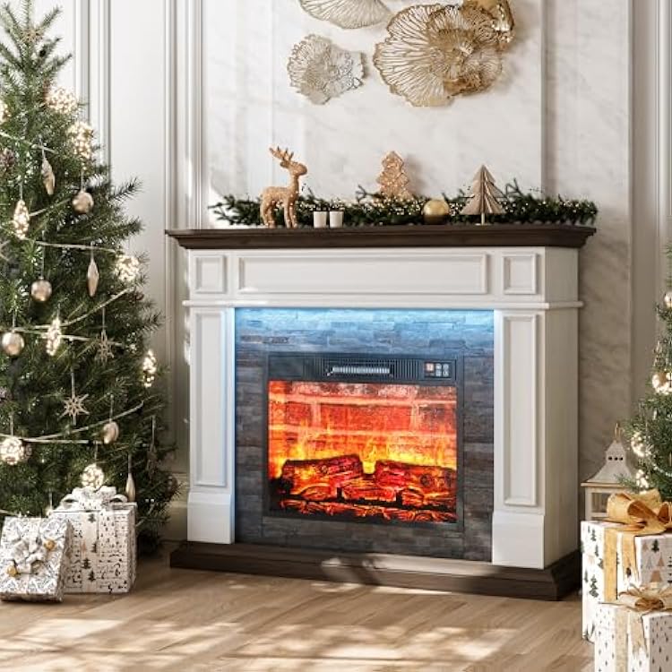LGHM 44 LED Electric Fireplace with Mantel,Freestanding Wood Stove Heater, Realistic 3D Dancing Flame Effect and Stacked Stone Surround for Living Room, Bedroom...