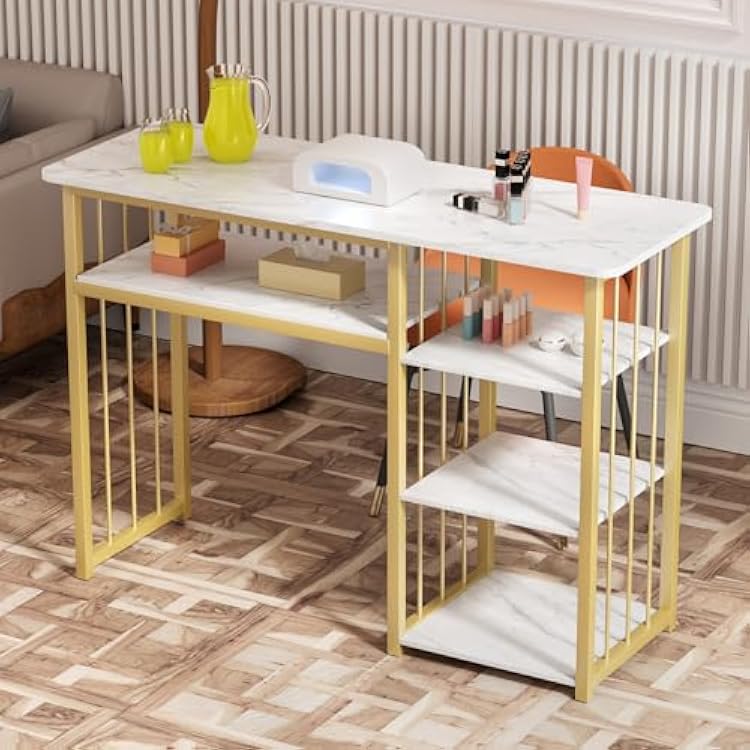 Nail Desk, Manicure Table Nail Station, Mesa para Unas, Nail Desks for Nail Tech Marbling Texture Manicure Desk with Multi Open Shelves for Beauty Salon Spa White