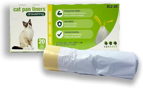 Van Ness Pets Drawstring Cat Litter Box Liners, Unscented, Large Size, 36 x 18, 20 Count