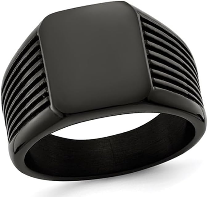 Mens Black Plated Polished Stainless Steel Signet Ring