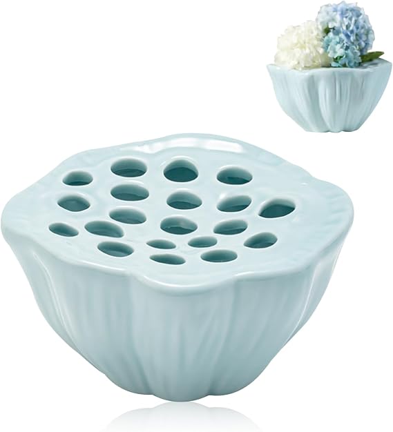Chris.W Lotus Pod Flower Arrangement Holder, Celadon Ceramic Vase with Frog, Small Pot, Chinese Tea Table Zen Flower Decor (Cyan)