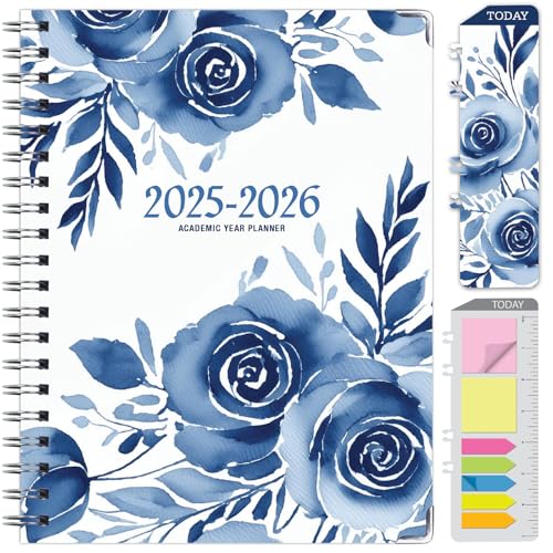HARDCOVER Academic Year 2025-2026 Planner: June 2025 Through July 2026 8.5x11 Daily Weekly Monthly Planner Yearly Agenda. Bookmark, Pocket Folder and Sticky Note Set Blue Bloom