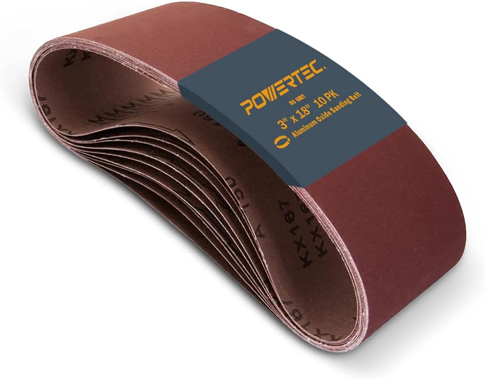 POWERTEC 3 x 18 Inch Sanding Belts, 80 Grit Aluminum Oxide Belt Sander Sanding Belt for Portable Belt Sander, Wood & Paint Sanding, Metal Polishing, 10PK 110810