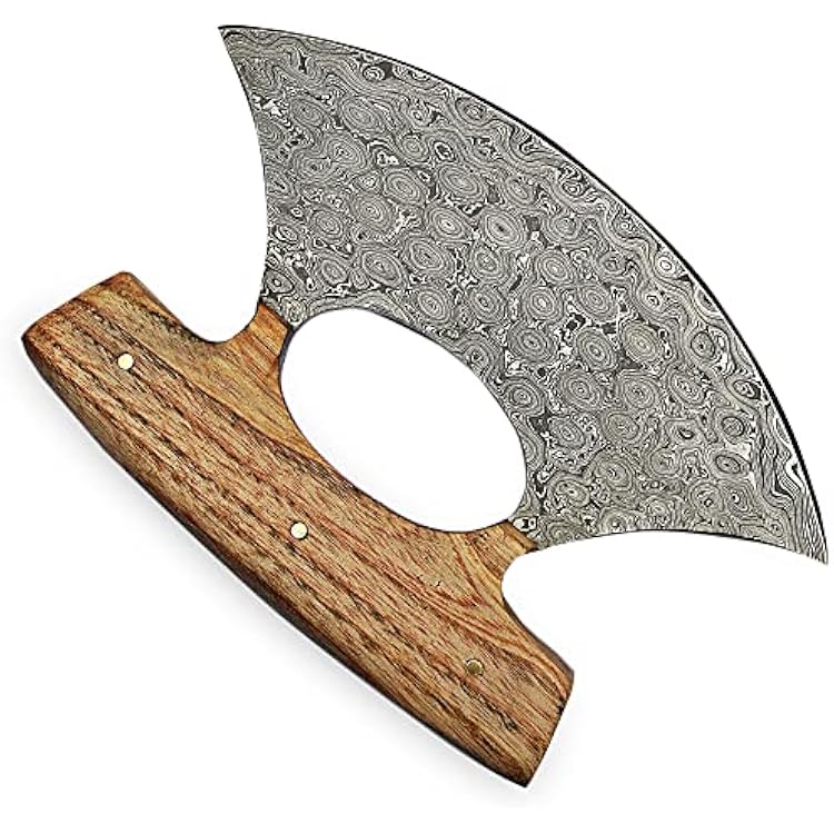 Knives - Alaskan Ulu - Mezzaluna Ulu Knife - Pizza Cutter Ulu - Traditional Ulu - Handmade Damascus Steel - Stabilized Wood Handle - Ulu Knife - Vegetable Chopping Ulu 2029