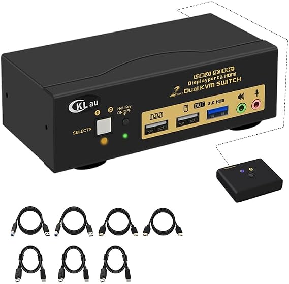 2 Port USB 3.0 Dual Monitor KVM Switch Displayport 1.4 + HDMI 2.1 Supports 8K@60Hz, 4K@144Hz with Audio Output and All Input Cables