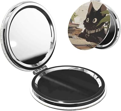Double-Sided Pocket Compact Mini Makeup Mirrors 1x, 2X Magnifying Mirror Portable Foldable Round Small Purse Mirror Suitable Daily Travel Party for Woman Man - Working Black Cat