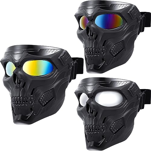 Kanayu 3 Pcs Airsoft Mask Skull Full Face Electroplated Lenses Military Halloween Paintball Motorcycle Face Mask for Riding Racing Shooting Cosplay Cs Survival Games Not Anti Fog